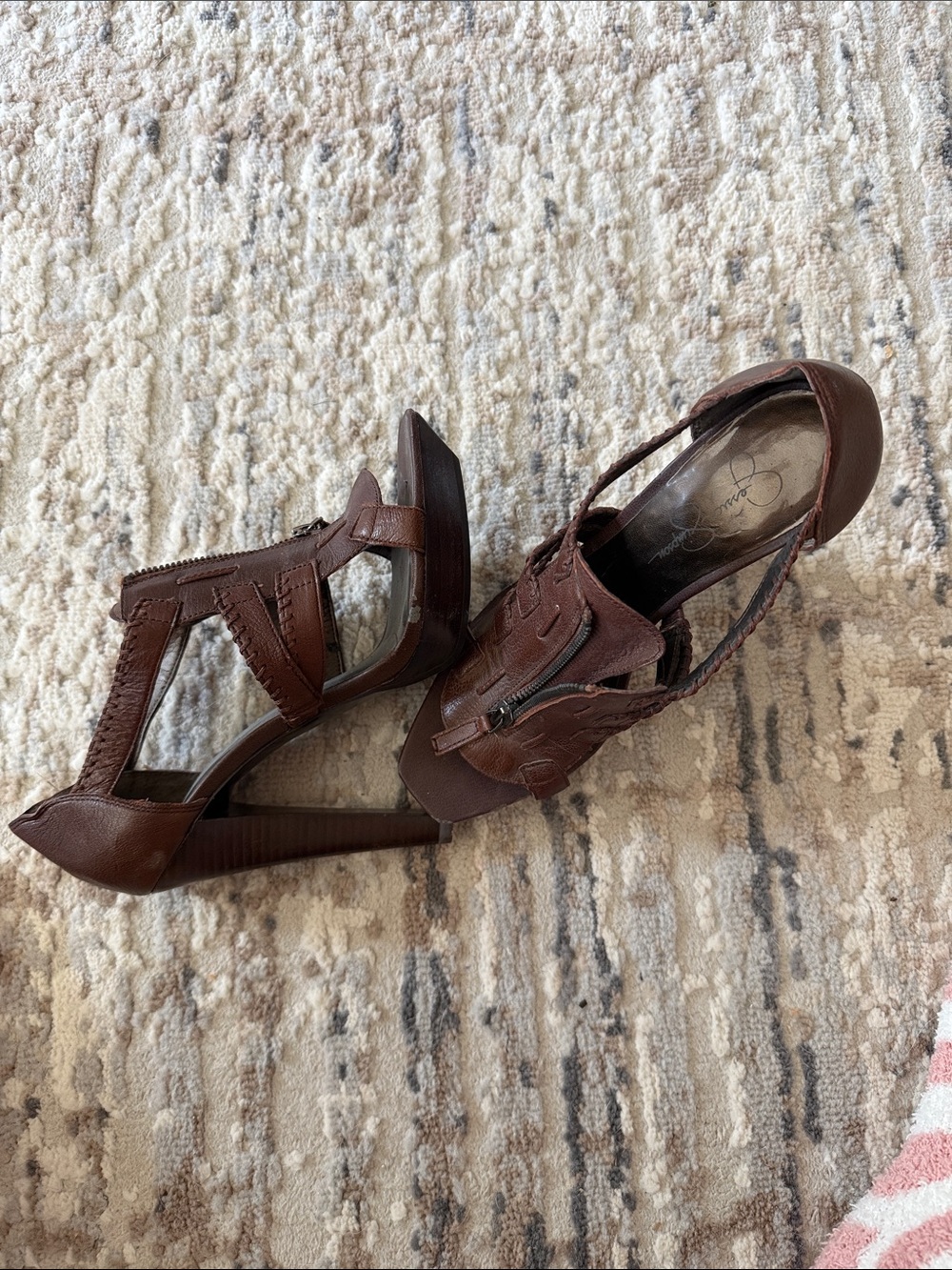 Jessica Simpson Brown Braided T-Strap Leather Heels